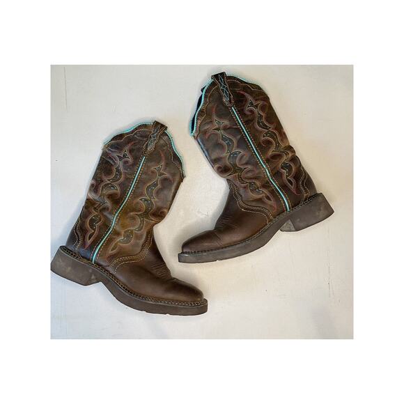 Justin Boots Womens Size 7B Gypsy Raya L2900 12” Brown Turquoise Leather Western - Picture 13 of 14